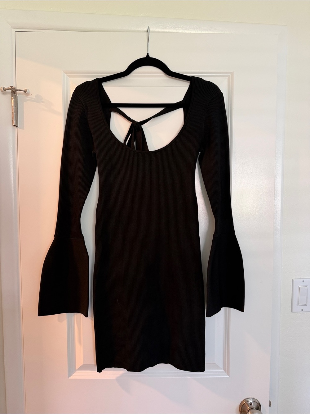 NWT Black Ribbed Long-Sleeve Knit Dress with Tie-Back